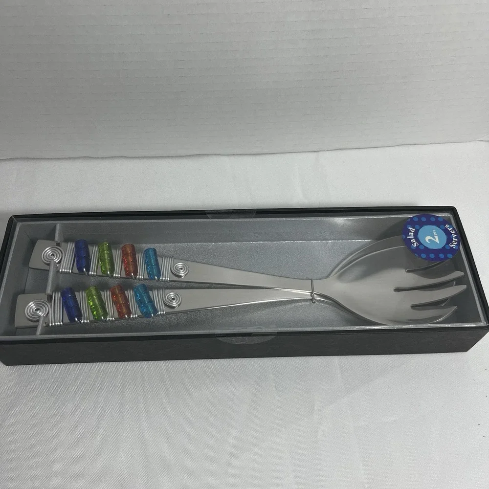 Wild Eye Designs 2 Piece Salad Server Set Colorful Wire Spiral Glass Beads NIB‎